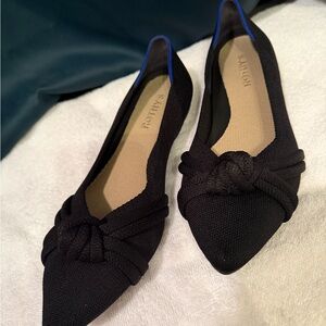 Rothy's Black Pointed Knot-Front Flats with Blue Trim